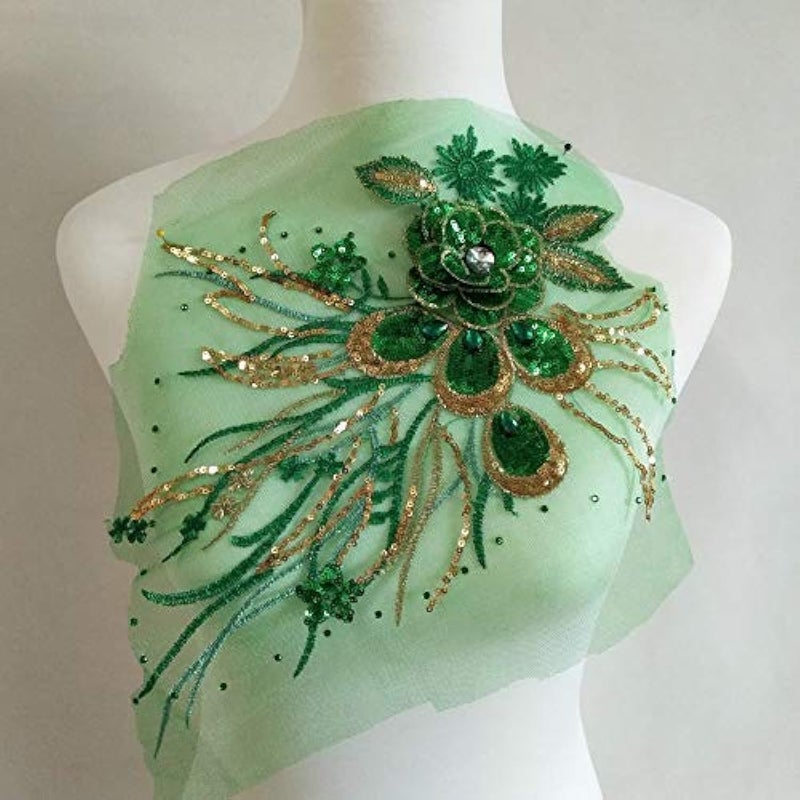 1 Pcs Craft Diamond Insert Feather Sequin Floral Embroidered Applique Trim Decorated Lace Neckline Collar Clothing DIY Sewing Patches (Green)